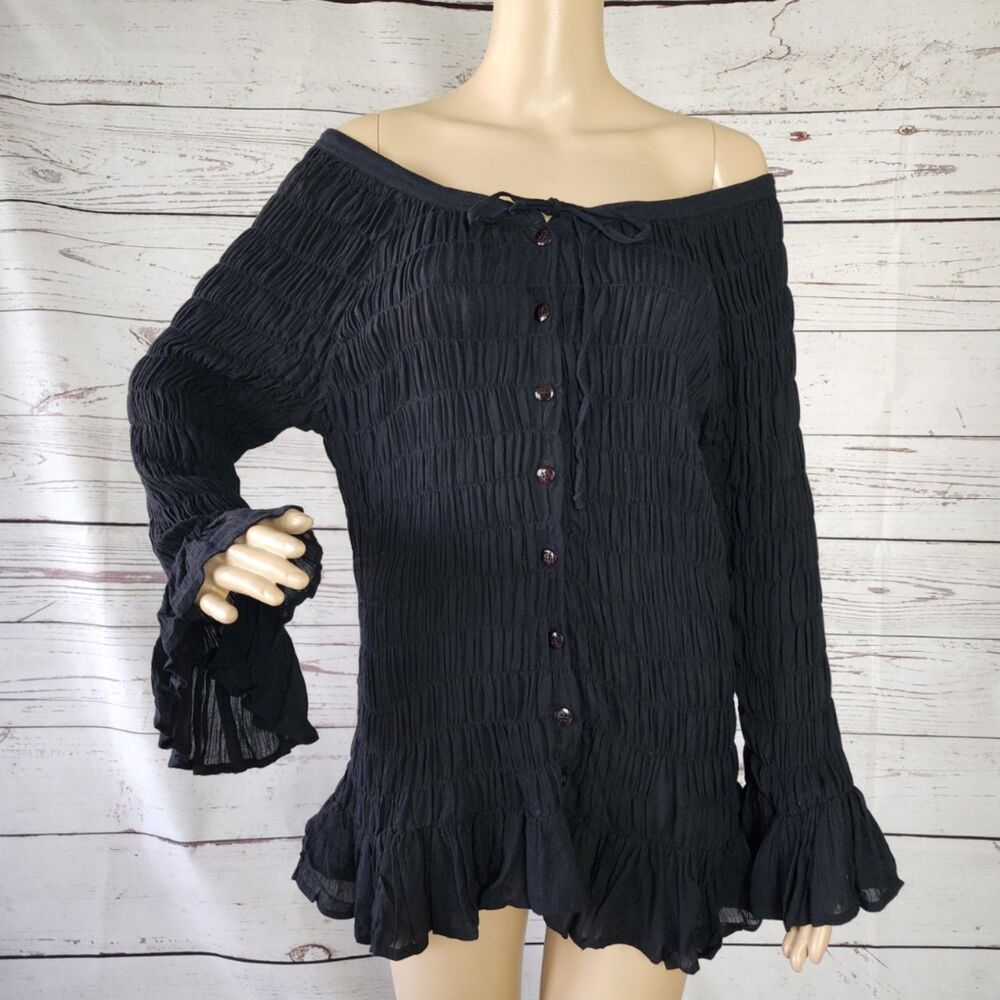 Vintage 90's Raiment Crinkle Blouse Whimsigoth Black 100% Rayon - Large EUC